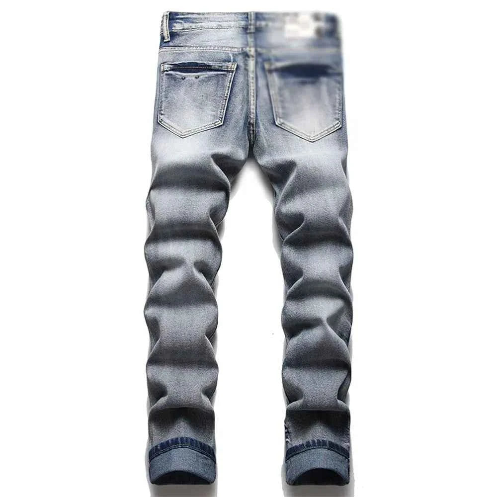 Men's Slim Fit Distressed Denim Jeans with Graffiti Letter Print and Washed details