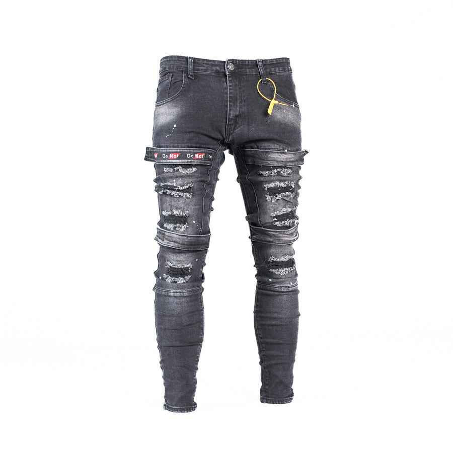 Men's Black Distressed Strap Detail Denim Jeans
