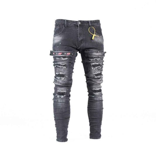 Men's Black Distressed Strap Detail Denim Jeans
