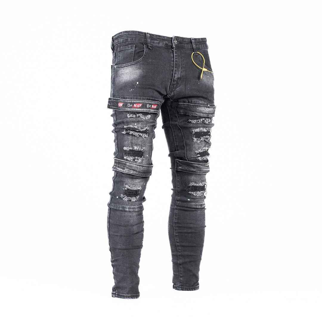 Men's Black Distressed Strap Detail Denim Jeans