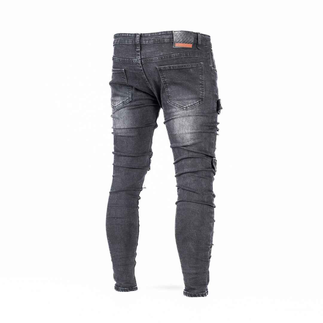 Men's Black Distressed Strap Detail Denim Jeans