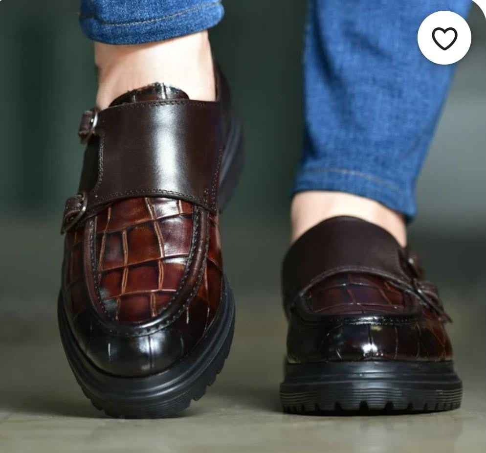 Men's Double Monk Strap Dress Shoes with Crocodile-Embossed Leather