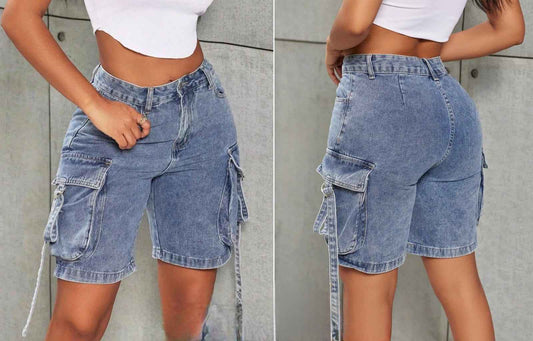 High-Waisted Cargo Denim Shorts