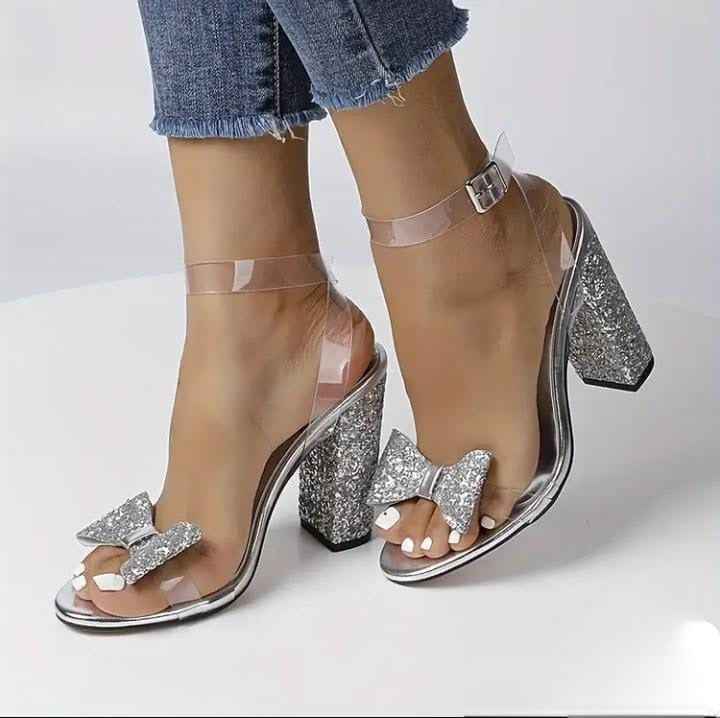 Glitter Bow High-Heeled Sandals