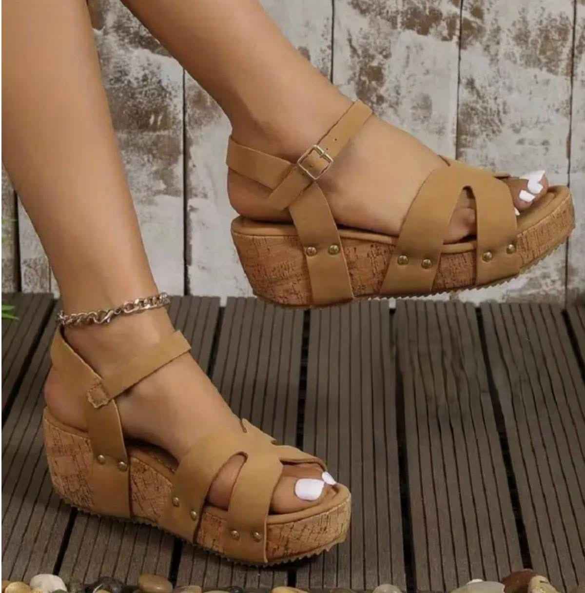 Cork Wedge Sandals – Crisscross Chic with Ankle Buckle Detail