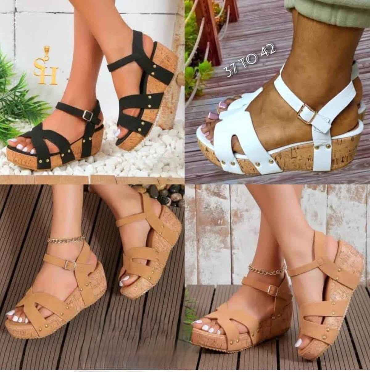 Cork Wedge Sandals – Crisscross Chic with Ankle Buckle Detail