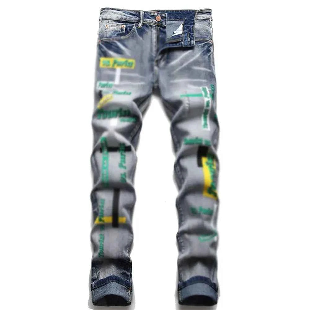 Men's Slim Fit Distressed Denim Jeans with Graffiti Letter Print and Washed details