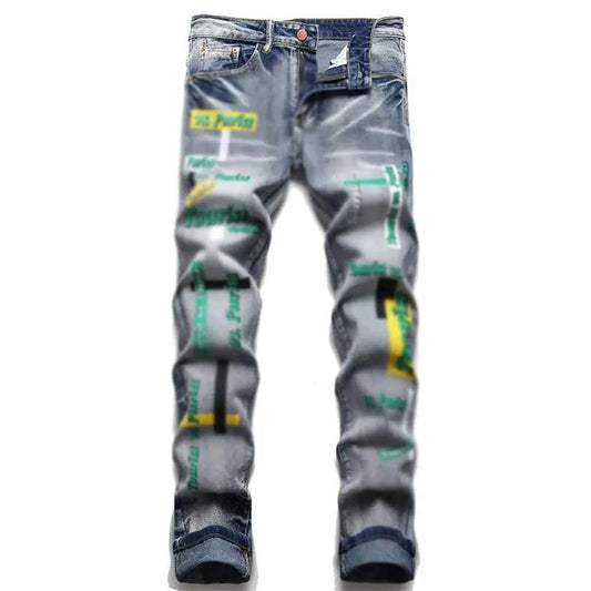 Men's Slim Fit Distressed Denim Jeans with Graffiti Letter Print and Washed details