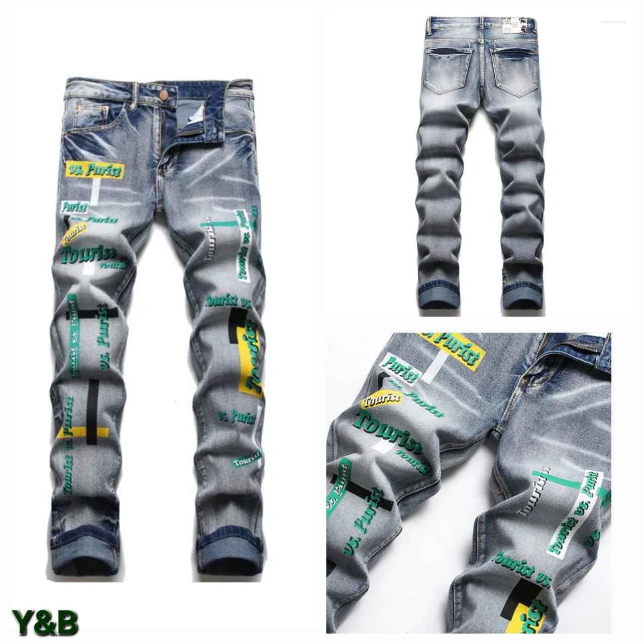 Men's Slim Fit Distressed Denim Jeans with Graffiti Letter Print and Washed details