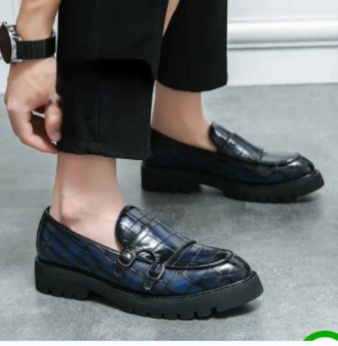 Croc-Embossed Monk Strap Loafers – Men's Chunky Sole Dress Shoes in Emerald Green