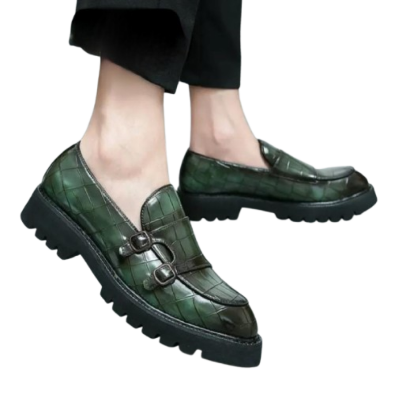 Croc-Embossed Monk Strap Loafers – Men's Chunky Sole Dress Shoes in Emerald Green - Litlavish Boutique