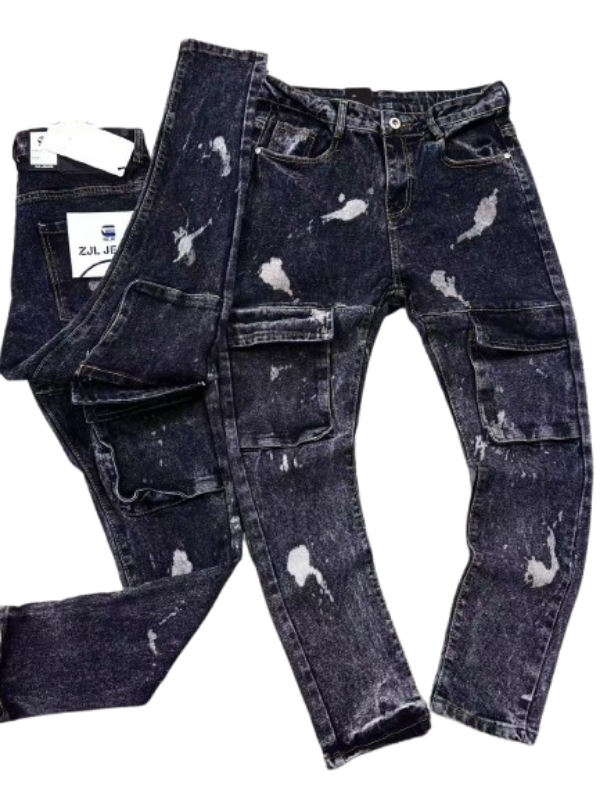 Splatter Cargo Jeans – Men's Black Utility Denim with Paint-Streak Finish
