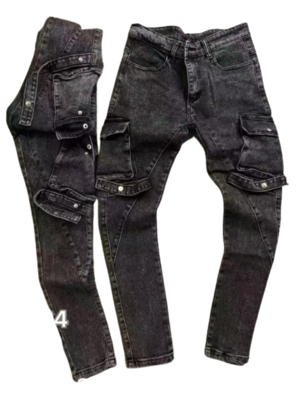 Men's Black Multi-Pocket Pants with Snap Closure & Graphic Detail - Litlavish Boutique
