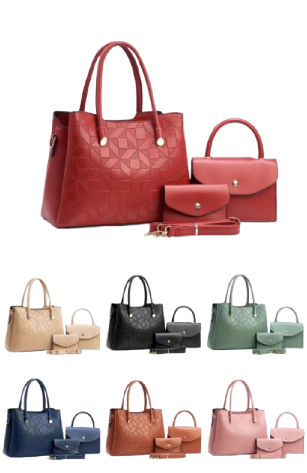 GeoLuxe 3-Piece Handbag Set – Embossed Elegance in Every Hue