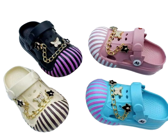 Kiddies Charm Clogs – Colorful Striped Slides with Gold Accents