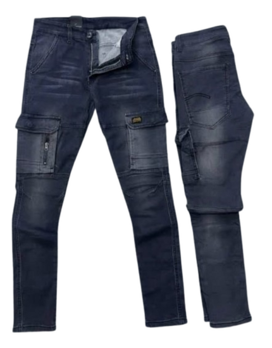 Cargo Denim Jeans – Men's Multi-Pocket Streetwear with Zipper Detail