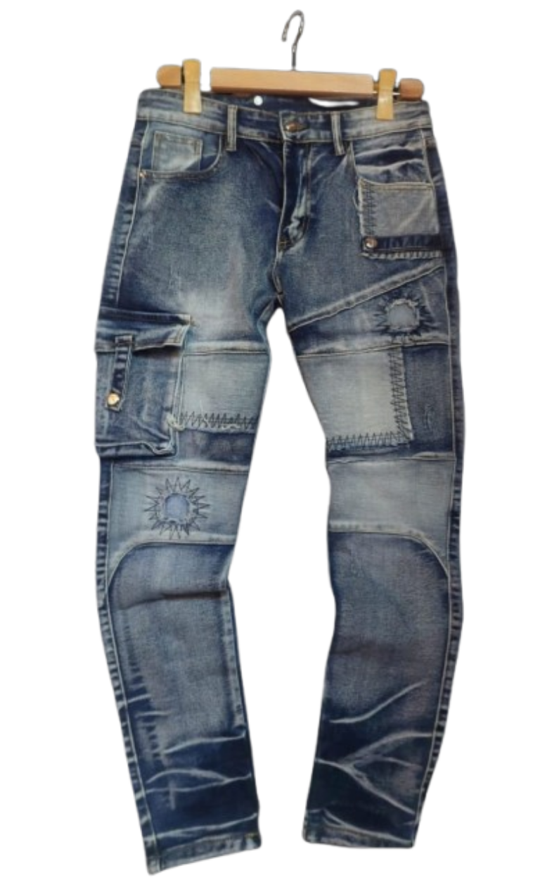Artisan Patchwork Cargo Jeans – Vintage Wash, Multi-Pocket Design