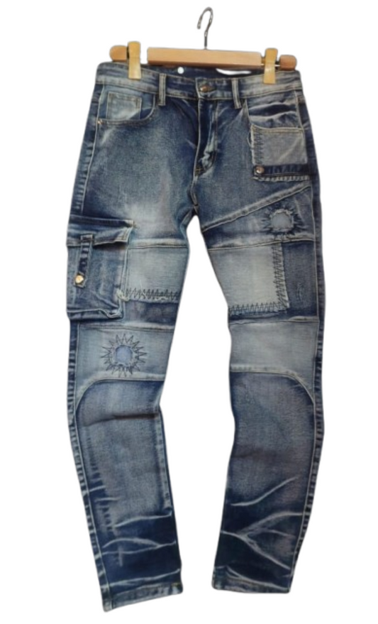 Artisan Patchwork Cargo Jeans – Vintage Wash, Multi-Pocket Design