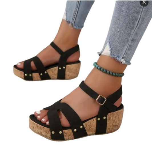 Cork Wedge Sandals – Crisscross Chic with Ankle Buckle Detail